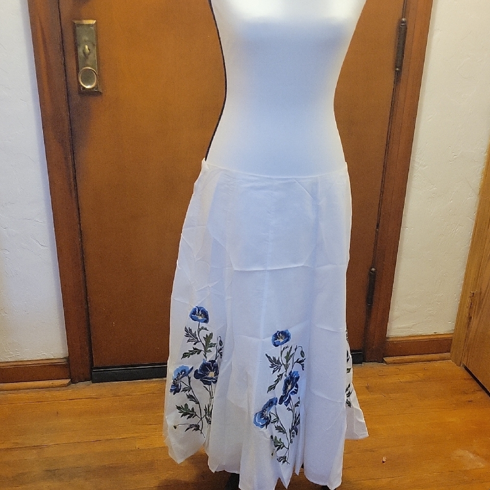 White and Blue A-line Tiered Maxi Skirt Resort Wear
